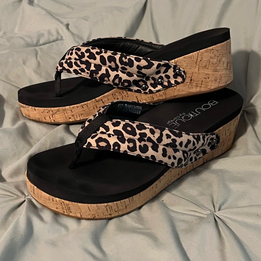 Tan and Black Sandals with Cork Platform